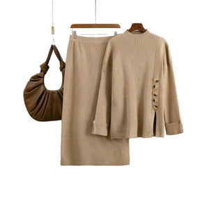 Winter new side slit button decorative sweater skirt two - piece set - Negative Apparel