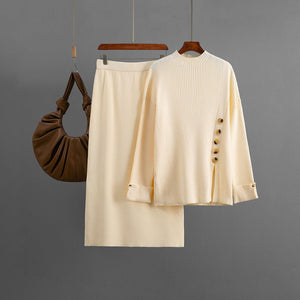 Winter new side slit button decorative sweater skirt two - piece set - Negative Apparel