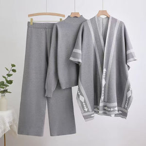 Winter sweater knitted long - sleeved shawl wide - leg pants three - piece set - Negative Apparel