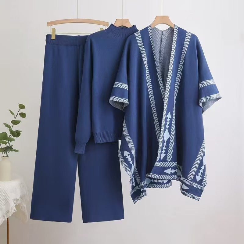 Winter sweater knitted long - sleeved shawl wide - leg pants three - piece set - Negative Apparel