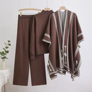 Winter sweater knitted long - sleeved shawl wide - leg pants three - piece set - Negative Apparel