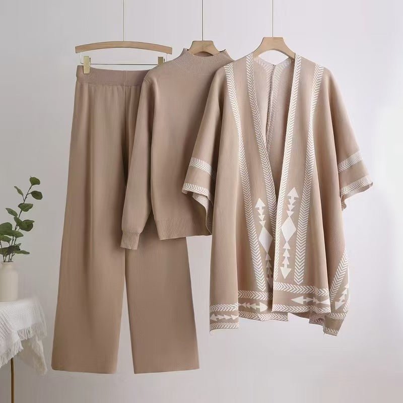 Winter sweater knitted long - sleeved shawl wide - leg pants three - piece set - Negative Apparel