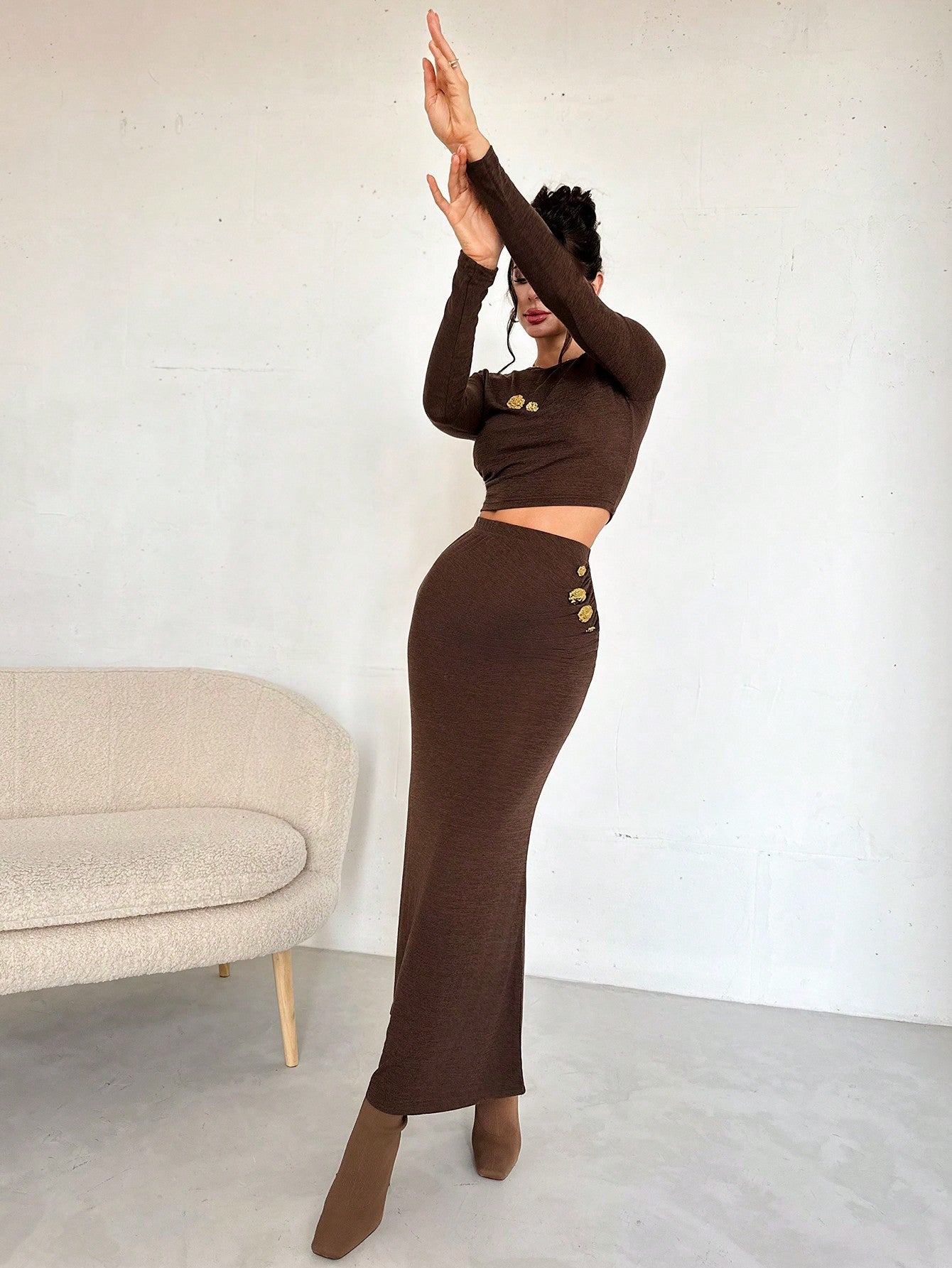 Women 2Pcs Set: Crew Neck Long Sleeve Top & Extra Long Fish Tail Skirt, Metal Buckle Decor - Negative Apparel