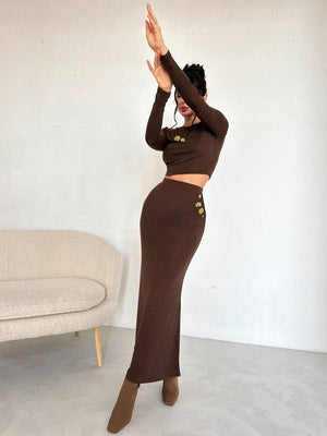 Women 2Pcs Set: Crew Neck Long Sleeve Top & Extra Long Fish Tail Skirt, Metal Buckle Decor - Negative Apparel