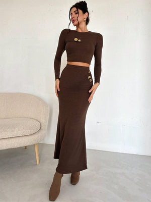 Women 2Pcs Set: Crew Neck Long Sleeve Top & Extra Long Fish Tail Skirt, Metal Buckle Decor - Negative Apparel