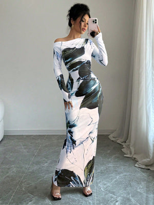 Women All - Over Allover Print Asymmetric Neckline Long Sleeve Waisted Dress Maxi Women Outfit - Negative Apparel
