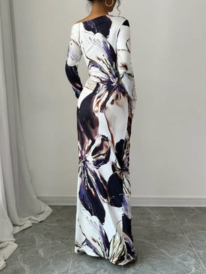 Women All - Over Allover Print Asymmetric Neckline Long Sleeve Waisted Dress Maxi Women Outfit - Negative Apparel