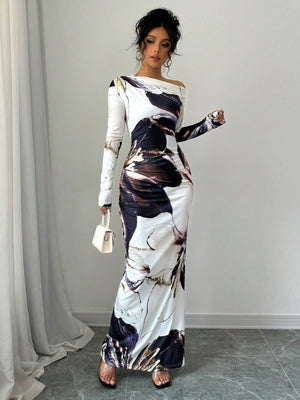Women All - Over Allover Print Asymmetric Neckline Long Sleeve Waisted Dress Maxi Women Outfit - Negative Apparel