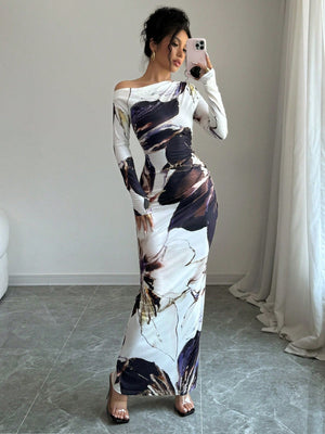 Women All - Over Allover Print Asymmetric Neckline Long Sleeve Waisted Dress Maxi Women Outfit - Negative Apparel