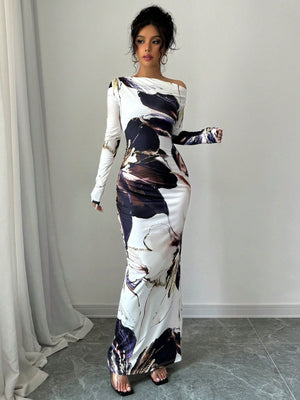 Women All - Over Allover Print Asymmetric Neckline Long Sleeve Waisted Dress Maxi Women Outfit - Negative Apparel