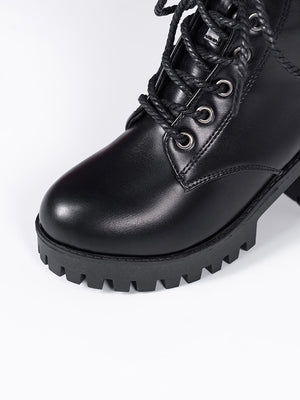 Women Buckle Decor Lace-Up Front Zipper Side Platform Combat Boots, Punk Outdoor Boots - Negative Apparel