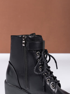 Women Buckle Decor Lace-Up Front Zipper Side Platform Combat Boots, Punk Outdoor Boots - Negative Apparel