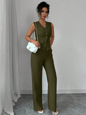Women Elegant Chic Commuter Casual Sleeveless V - Neck Gathered Waist Back Tie Vest & Straight Leg Pants Suit Set - Negative Apparel