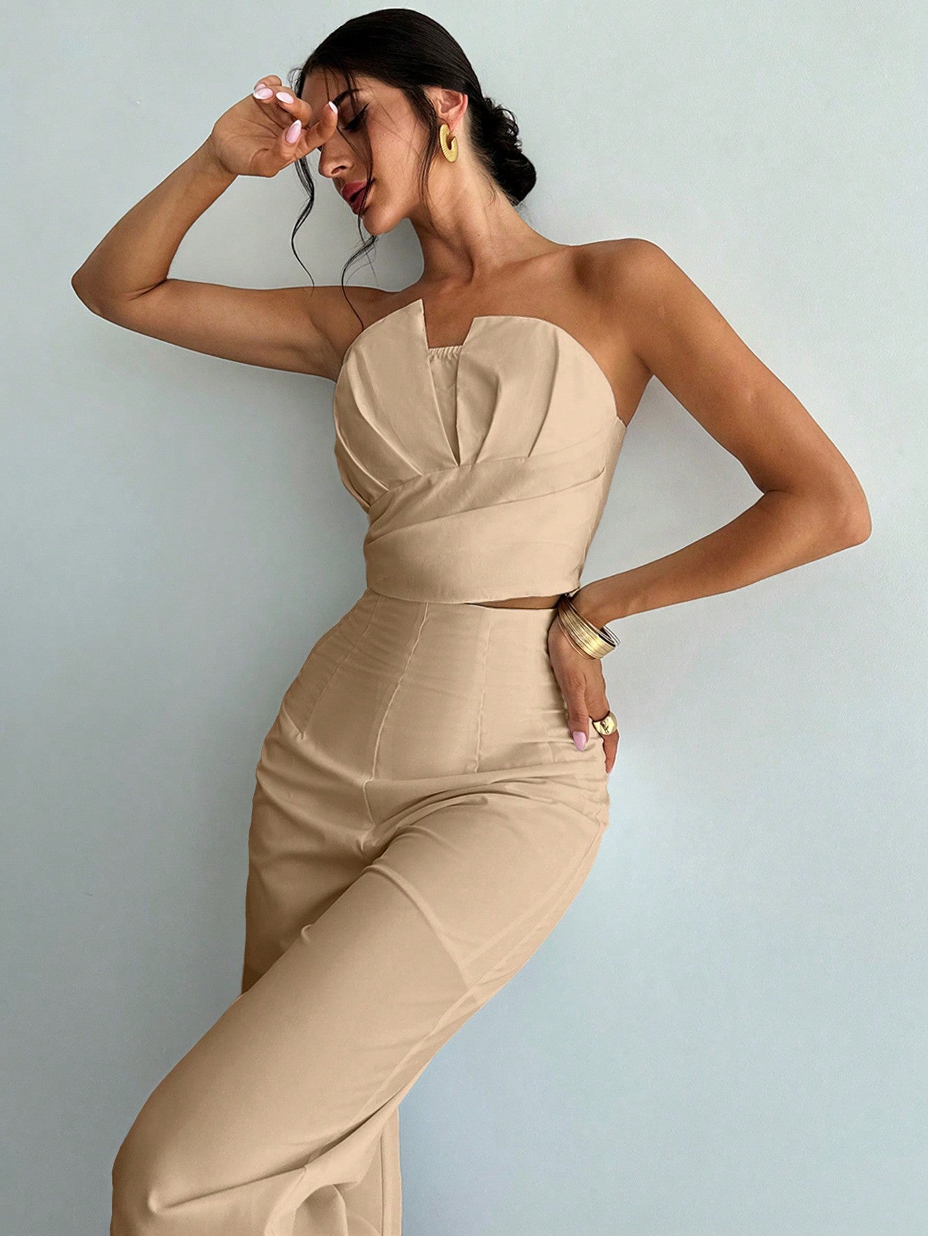 Women Elegant Design Asymmetrical Strapless Crop Tube Top & High Waisted Faux Boned Straight Pants Set, All White Two - Piece Outfit - Negative Apparel