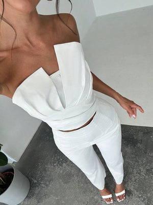 Women Elegant Design Asymmetrical Strapless Crop Tube Top & High Waisted Faux Boned Straight Pants Set, All White Two - Piece Outfit - Negative Apparel