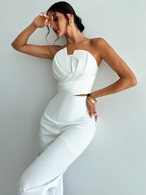 Women Elegant Design Asymmetrical Strapless Crop Tube Top & High Waisted Faux Boned Straight Pants Set, All White Two - Piece Outfit - Negative Apparel
