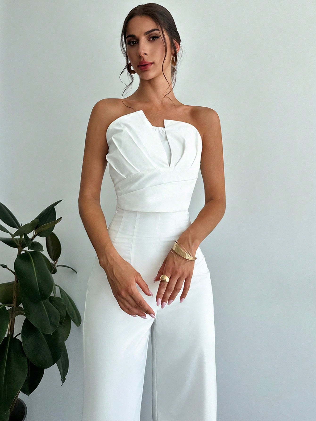 Women Elegant Design Asymmetrical Strapless Crop Tube Top & High Waisted Faux Boned Straight Pants Set, All White Two - Piece Outfit - Negative Apparel