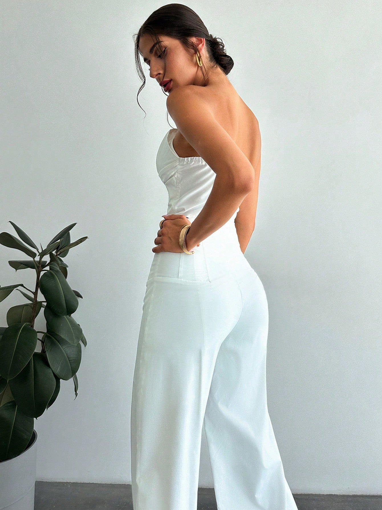 Women Elegant Design Asymmetrical Strapless Crop Tube Top & High Waisted Faux Boned Straight Pants Set, All White Two - Piece Outfit - Negative Apparel
