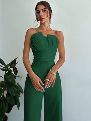 Women Elegant Design Asymmetrical Strapless Crop Tube Top & High Waisted Faux Boned Straight Pants Set, All White Two - Piece Outfit - Negative Apparel