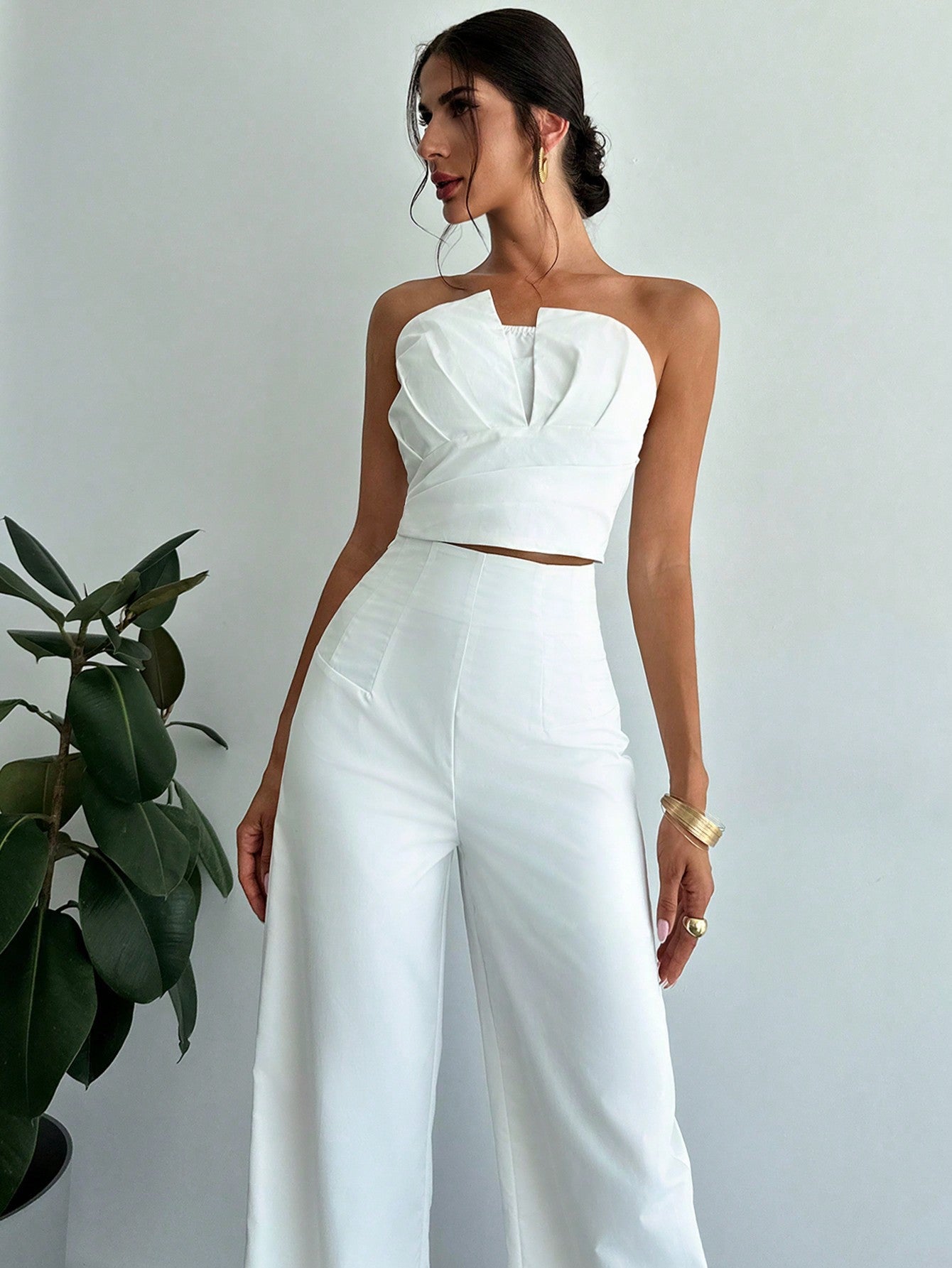 Women Elegant Design Asymmetrical Strapless Crop Tube Top & High Waisted Faux Boned Straight Pants Set, All White Two - Piece Outfit - Negative Apparel