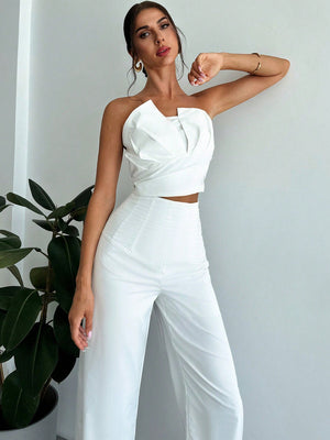Women Elegant Design Asymmetrical Strapless Crop Tube Top & High Waisted Faux Boned Straight Pants Set, All White Two - Piece Outfit - Negative Apparel