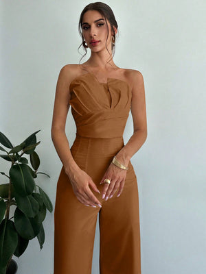 Women Elegant Design Asymmetrical Strapless Crop Tube Top & High Waisted Faux Boned Straight Pants Set, All White Two - Piece Outfit - Negative Apparel