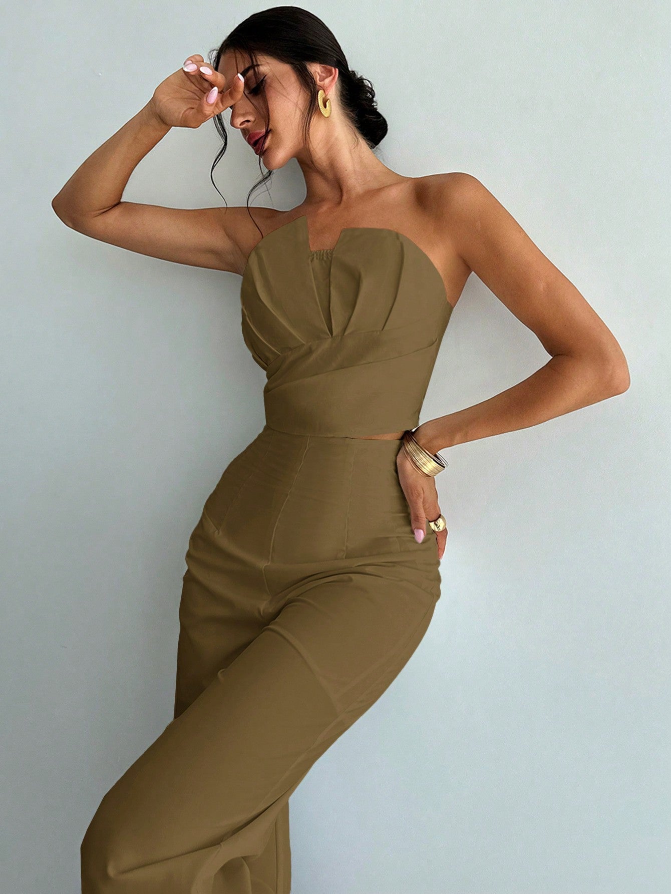 Women Elegant Design Asymmetrical Strapless Crop Tube Top & High Waisted Faux Boned Straight Pants Set, All White Two - Piece Outfit - Negative Apparel