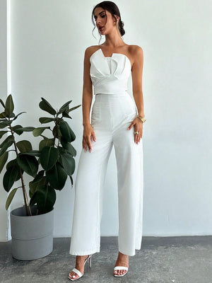 Women Elegant Design Asymmetrical Strapless Crop Tube Top & High Waisted Faux Boned Straight Pants Set, All White Two - Piece Outfit - Negative Apparel
