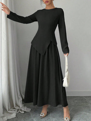 Women Elegant Fashion Long Sleeve Round Neck Cinched Waist Back Asymmetrical Hem Top & Long Skirt 2 Piece Set - Negative Apparel