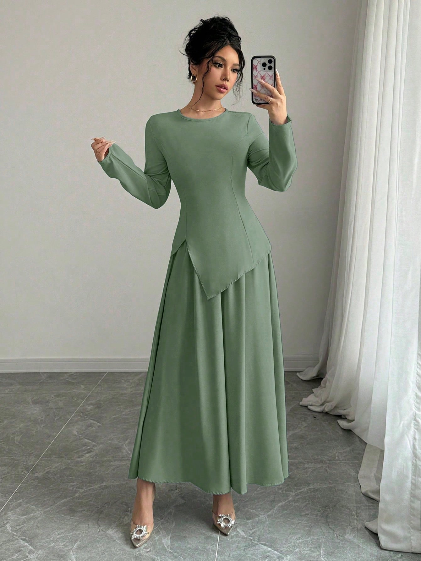 Women Elegant Fashion Long Sleeve Round Neck Cinched Waist Back Asymmetrical Hem Top & Long Skirt 2 Piece Set - Negative Apparel