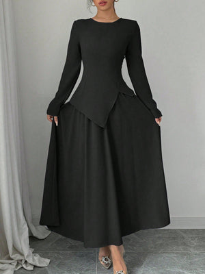 Women Elegant Fashion Long Sleeve Round Neck Cinched Waist Back Asymmetrical Hem Top & Long Skirt 2 Piece Set - Negative Apparel