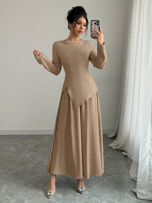 Women Elegant Fashion Long Sleeve Round Neck Cinched Waist Back Asymmetrical Hem Top & Long Skirt 2 Piece Set - Negative Apparel