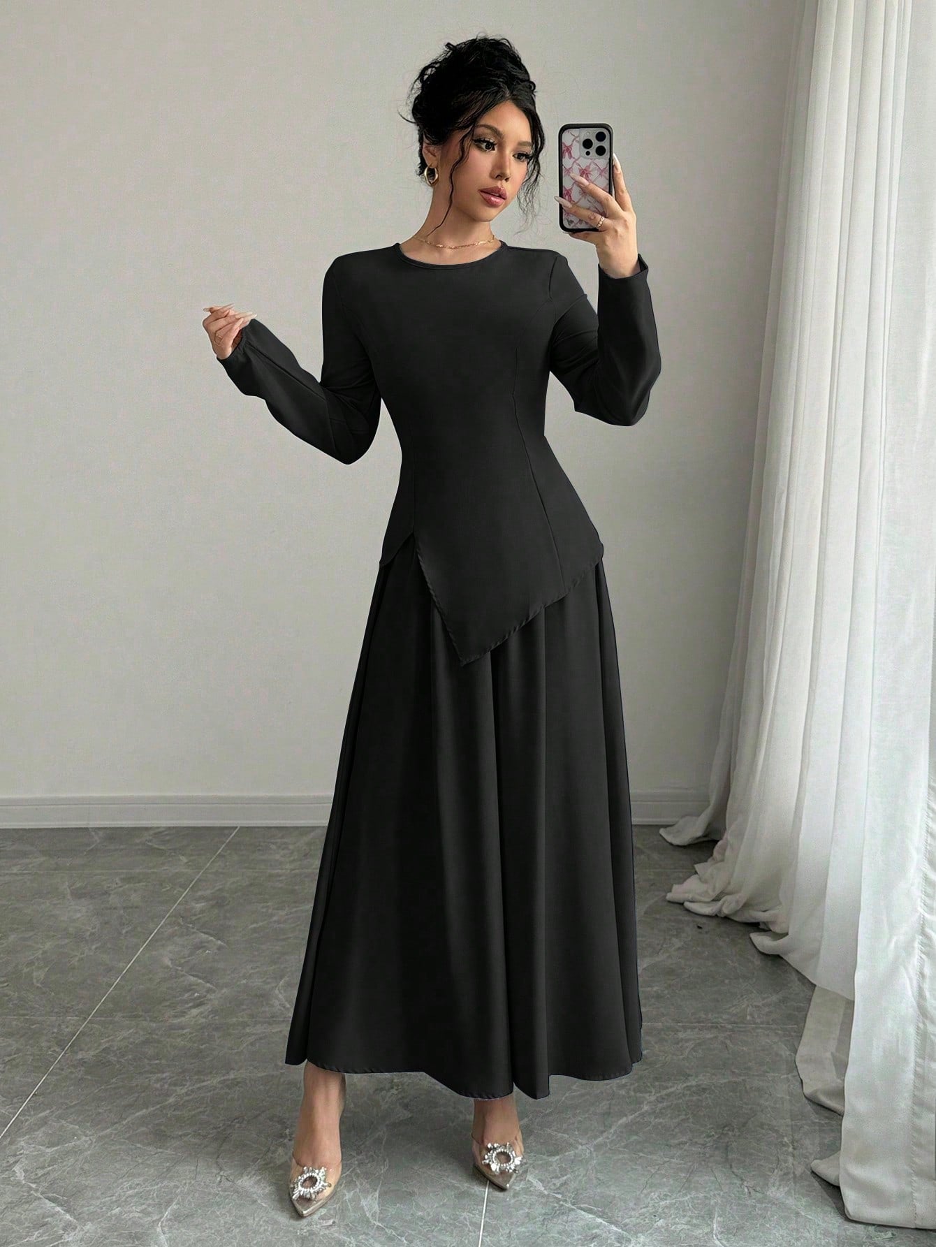 Women Elegant Fashion Long Sleeve Round Neck Cinched Waist Back Asymmetrical Hem Top & Long Skirt 2 Piece Set - Negative Apparel