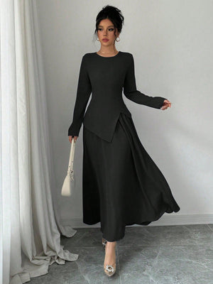 Women Elegant Fashion Long Sleeve Round Neck Cinched Waist Back Asymmetrical Hem Top & Long Skirt 2 Piece Set - Negative Apparel