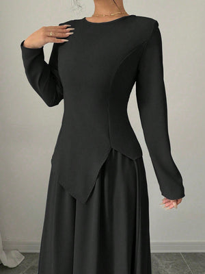 Women Elegant Fashion Long Sleeve Round Neck Cinched Waist Back Asymmetrical Hem Top & Long Skirt 2 Piece Set - Negative Apparel