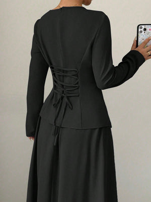 Women Elegant Fashion Long Sleeve Round Neck Cinched Waist Back Asymmetrical Hem Top & Long Skirt 2 Piece Set - Negative Apparel