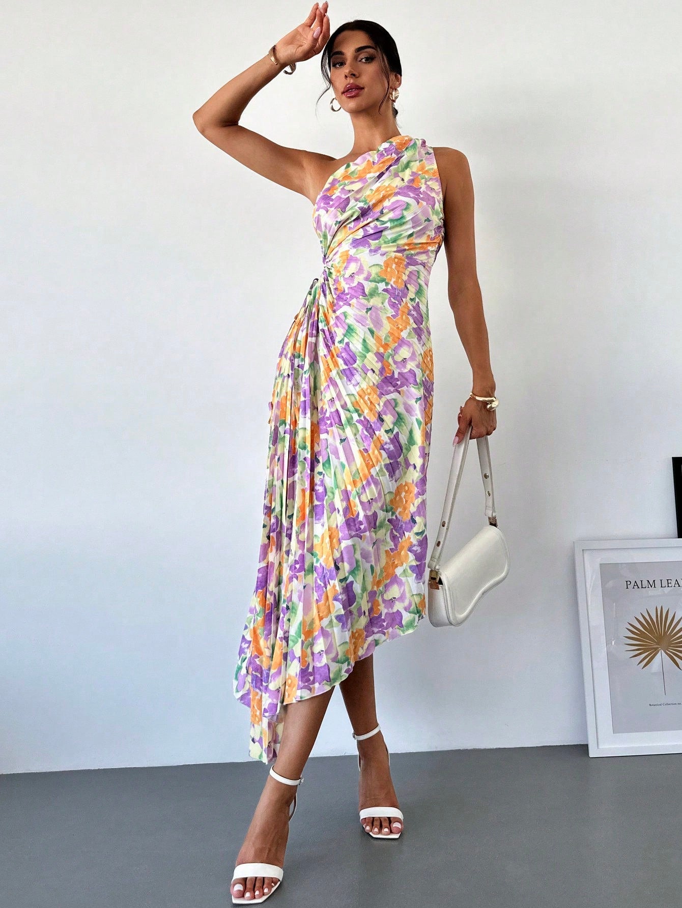 Women Elegant Resort Beach Tie - Dye Floral Print Pleated One - Shoulder Hollow - Out Drawstring Midi Dress, Summer - Negative Apparel