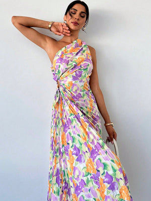 Women Elegant Resort Beach Tie - Dye Floral Print Pleated One - Shoulder Hollow - Out Drawstring Midi Dress, Summer - Negative Apparel