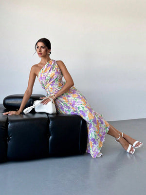 Women Elegant Resort Beach Tie - Dye Floral Print Pleated One - Shoulder Hollow - Out Drawstring Midi Dress, Summer - Negative Apparel