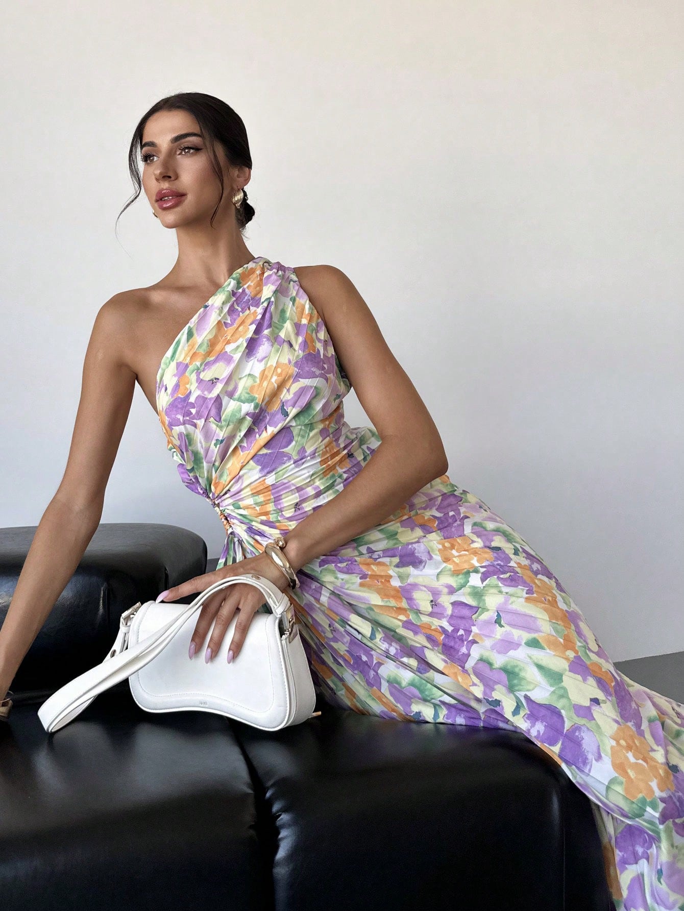 Women Elegant Resort Beach Tie - Dye Floral Print Pleated One - Shoulder Hollow - Out Drawstring Midi Dress, Summer - Negative Apparel