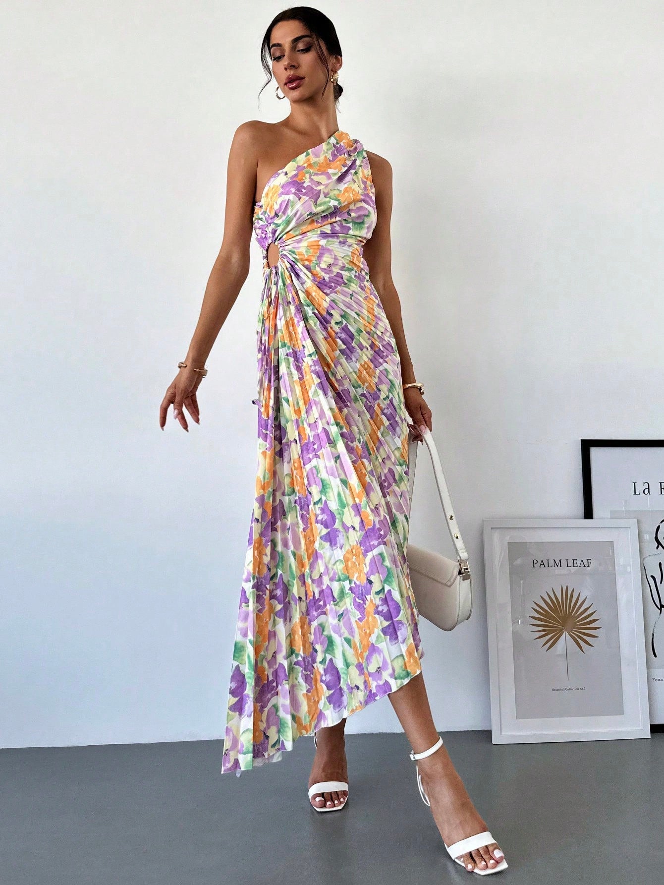 Women Elegant Resort Beach Tie - Dye Floral Print Pleated One - Shoulder Hollow - Out Drawstring Midi Dress, Summer - Negative Apparel