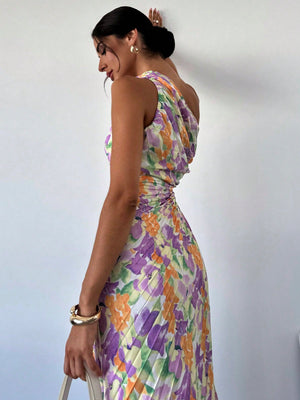Women Elegant Resort Beach Tie - Dye Floral Print Pleated One - Shoulder Hollow - Out Drawstring Midi Dress, Summer - Negative Apparel