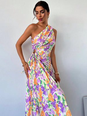 Women Elegant Resort Beach Tie - Dye Floral Print Pleated One - Shoulder Hollow - Out Drawstring Midi Dress, Summer - Negative Apparel