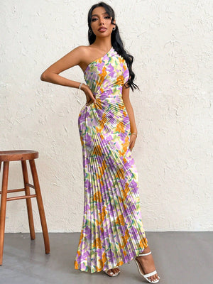 Women Elegant Resort Beach Tie - Dye Floral Print Pleated One - Shoulder Hollow - Out Drawstring Midi Dress, Summer - Negative Apparel