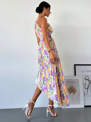 Women Elegant Resort Beach Tie - Dye Floral Print Pleated One - Shoulder Hollow - Out Drawstring Midi Dress, Summer - Negative Apparel