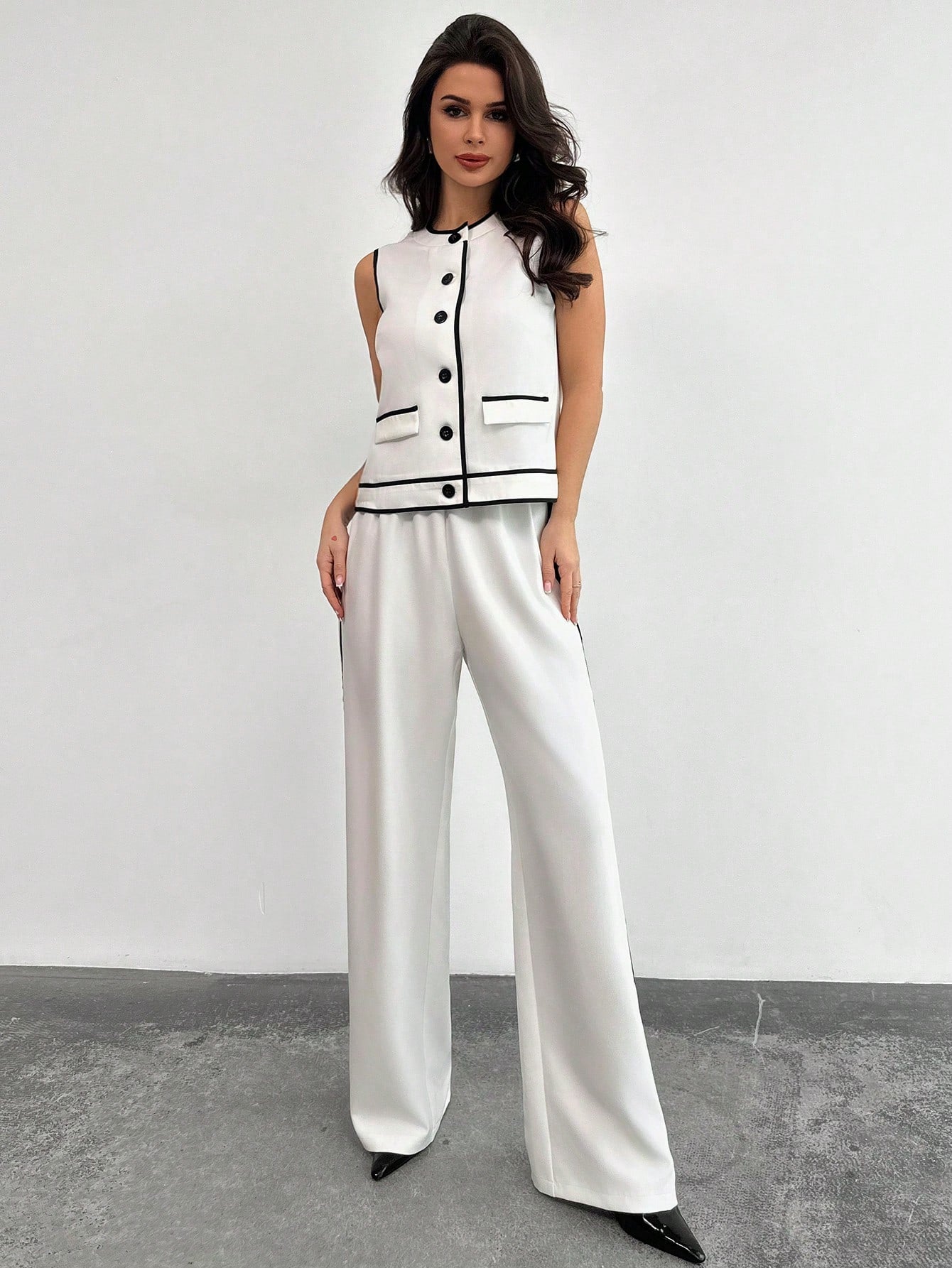 Women Elegant Simple Chic Casual Commuting Fashion Contrast Trim Button Sleeveless Top And High Waist Contrast Side Straight Leg Pants Two - Piece Set - Negative Apparel
