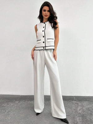 Women Elegant Simple Chic Casual Commuting Fashion Contrast Trim Button Sleeveless Top And High Waist Contrast Side Straight Leg Pants Two - Piece Set - Negative Apparel