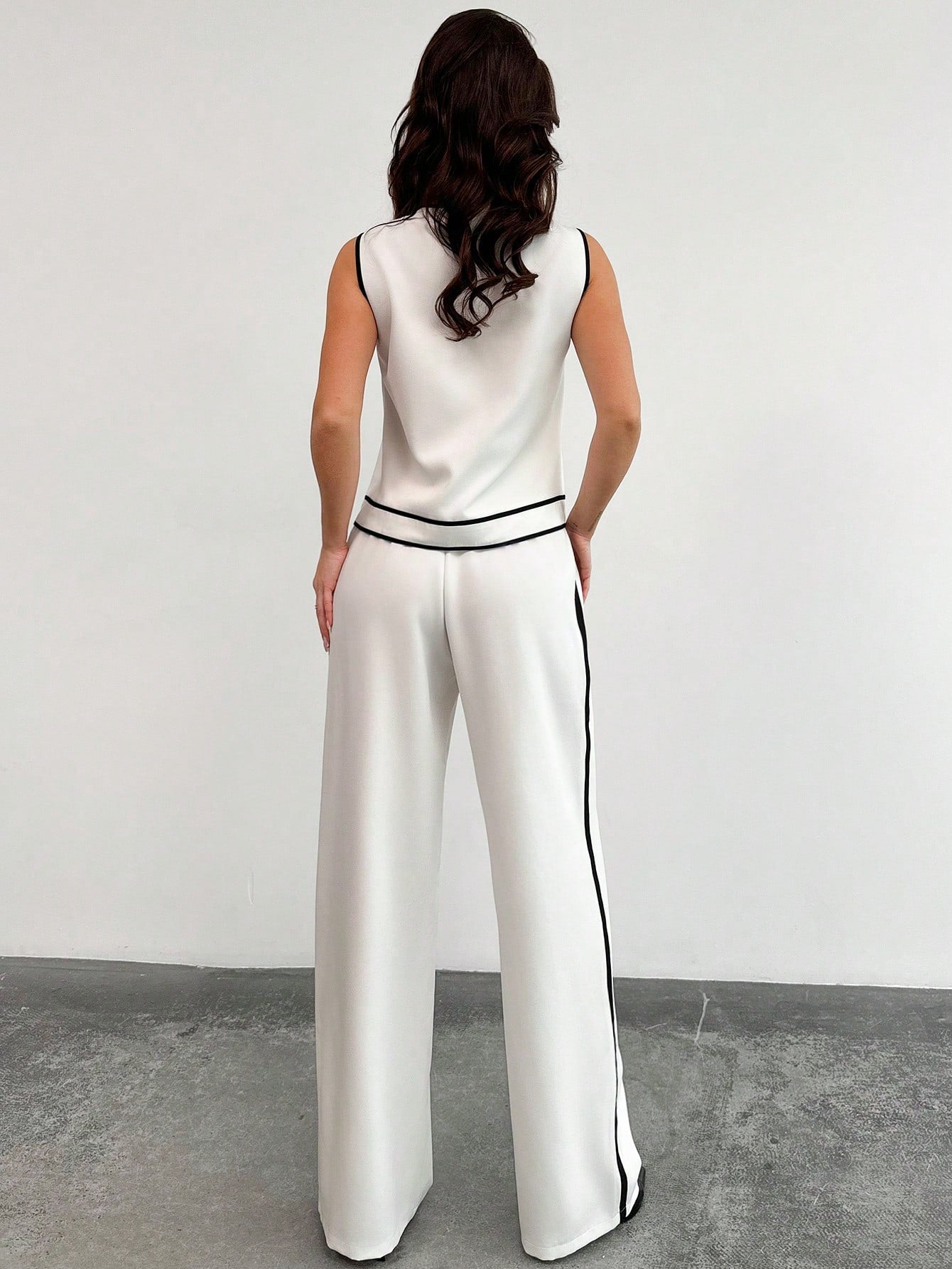 Women Elegant Simple Chic Casual Commuting Fashion Contrast Trim Button Sleeveless Top And High Waist Contrast Side Straight Leg Pants Two - Piece Set - Negative Apparel