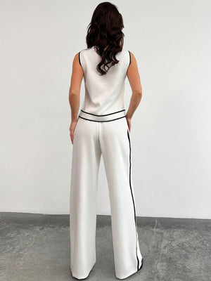 Women Elegant Simple Chic Casual Commuting Fashion Contrast Trim Button Sleeveless Top And High Waist Contrast Side Straight Leg Pants Two - Piece Set - Negative Apparel