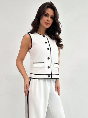 Women Elegant Simple Chic Casual Commuting Fashion Contrast Trim Button Sleeveless Top And High Waist Contrast Side Straight Leg Pants Two - Piece Set - Negative Apparel